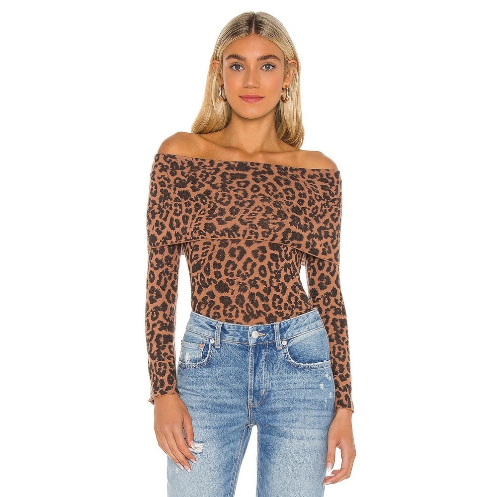 LNA Leopard Print Off Shoulder Long Sleeve Top Women's Size S Brown Animal